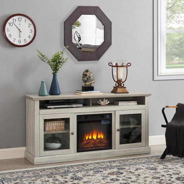 60 In. W TV Stand Entertainment Console for TV up to 65 In. W/ 18 In. Wall Mount Electric Fireplace Insert in Stone Gray