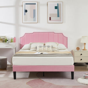 Upholstered Bed Frame Full Queen Platform with Headboard Footboard Wooden Slat