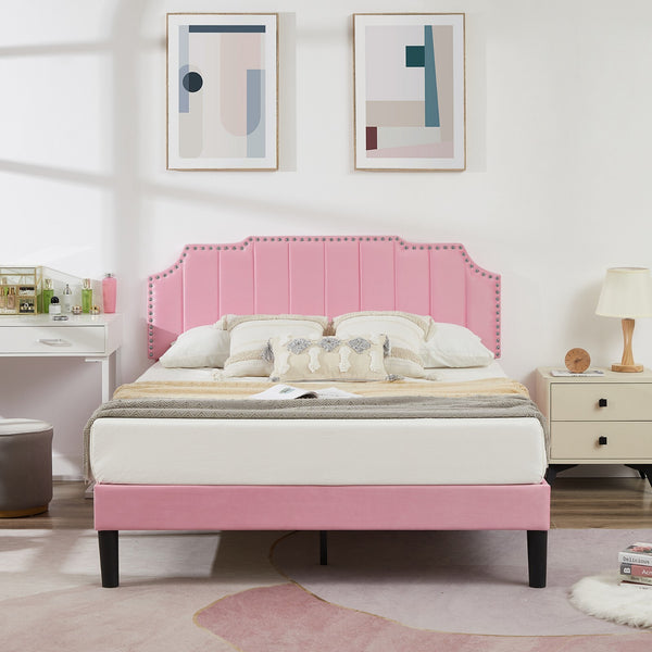 Upholstered Bed Frame Full Queen Platform with Headboard Footboard Wooden Slat