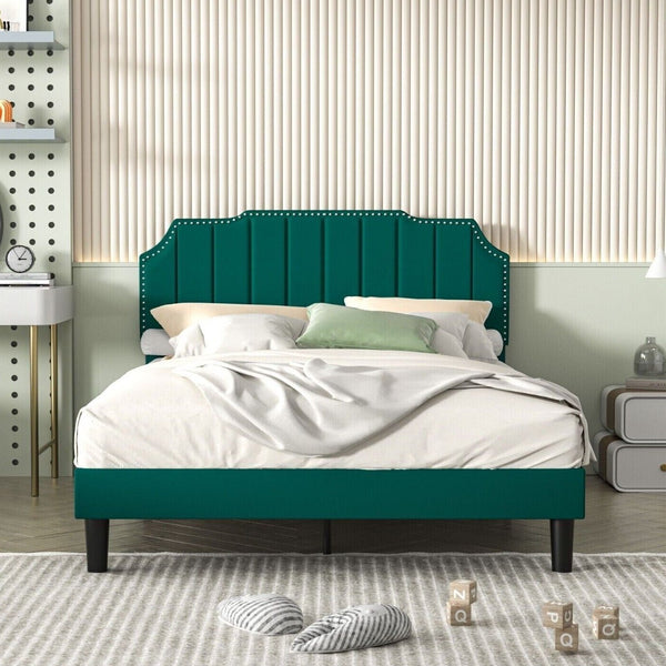 Upholstered Bed Frame Full Queen Platform with Headboard Footboard Wooden Slat