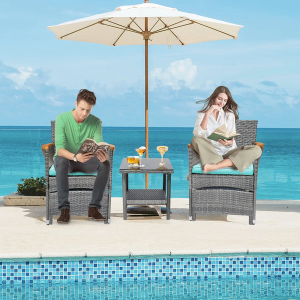 5 Piece Outdoor Patio Furniture Set with Table&Ottoman Outdoor Furniture Patio Set Bistro Wicker Patio Set of 2 Patio Conversation Sets for Porch Balcony Deck(Gray Wicker&Green Cushion)