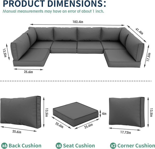 Outdoor Cushions for Patio Furniture Replacement, Patio Furniture Cushions, Deep Seat Patio Cushions, Patio Seat Cushions for Outdoor Sectional (Grey)