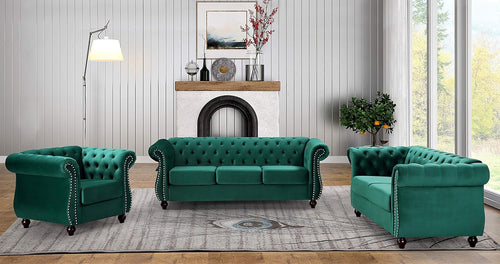 Feinstein Modern Velvet Chesterfield Couches for Living Room with Nailheads, Diamond Tufting & Durable Metal Frame, Chair, Loveseat & Sofa, Green