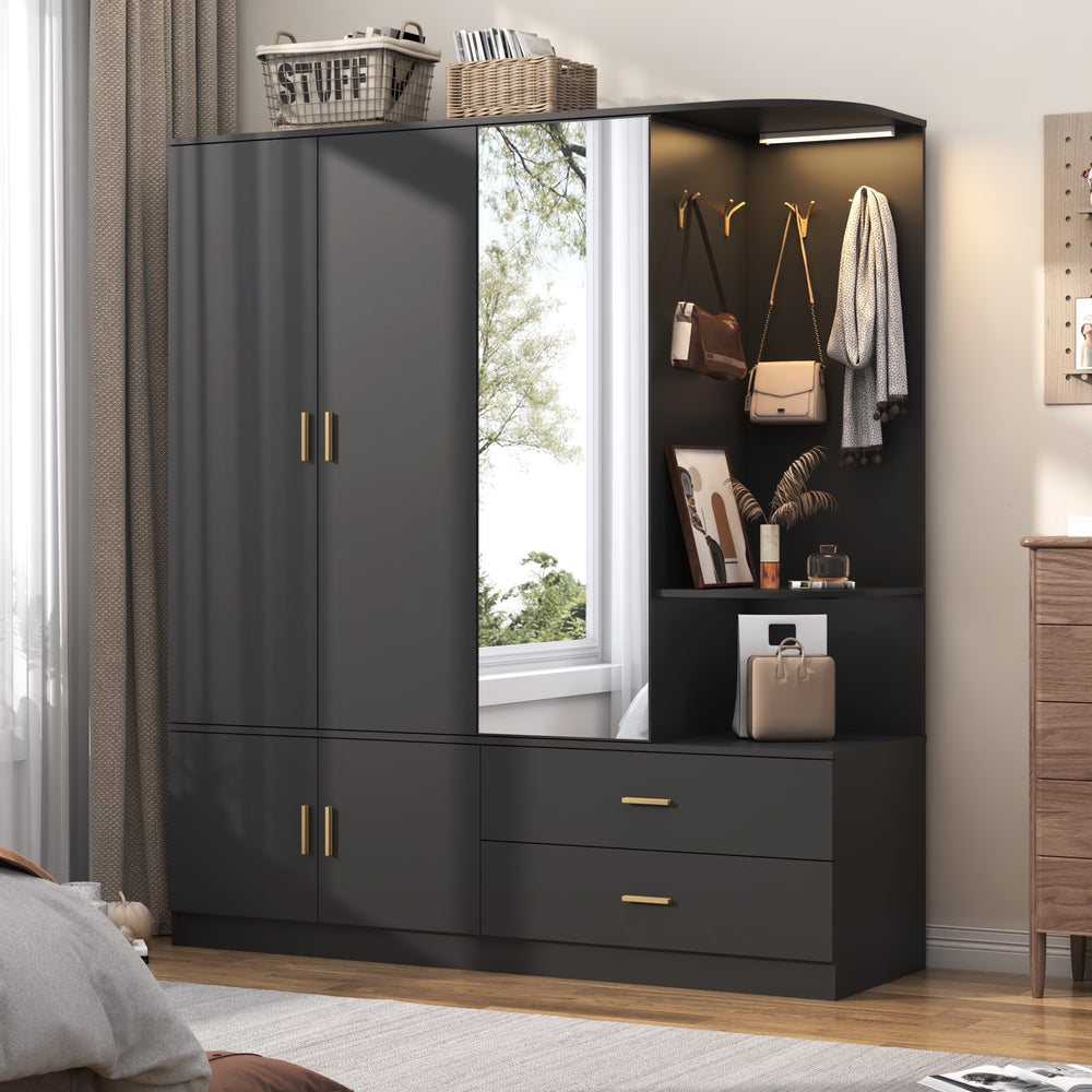 3 Door Armoire Wardrobe Closet with Mirror & Sensor Lights, 70'' Large Wardrobe Armoire with 2 Drawers & Shelves, Modern Wooden Armoire Storage with Hanging Rod for Bedroom, Black