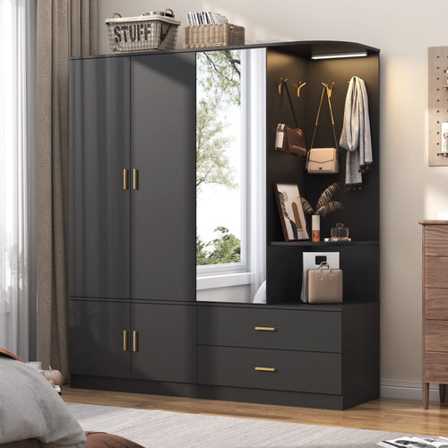 3 Door Armoire Wardrobe Closet with Mirror & Sensor Lights, 70'' Large Wardrobe Armoire with 2 Drawers & Shelves, Modern Wooden Armoire Storage with Hanging Rod for Bedroom, Black