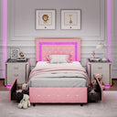 Queen Bed Frame with LED Lights, Upholstered Bed Frame with Storage Drawers, Modern Platform Bed with Diamond Headboard and Foot