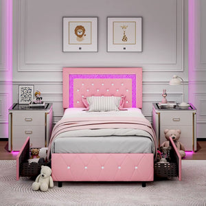 Queen Bed Frame with LED Lights, Upholstered Bed Frame with Storage Drawers, Modern Platform Bed with Diamond Headboard and Foot
