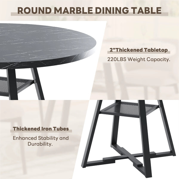 round Dining Table, 43'' Faux Marble Dining Table with Storage Shelf, Circle Dining Table for Dining Room, Modern Kitchen Table for 4 People, Black(Only Table)