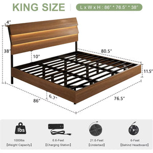 Feonase Floating Bed Frame King with Led Lights and Charging Station, Wood Full Size Bed Frame with Storage Headboard, Heavy Dut