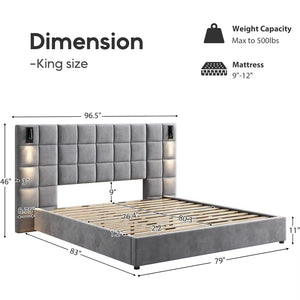 King Platform Bed Frame with Headboard, Elegant Velvet Upholstered Bed with Grid Pattern Padded Headboard, 2 LED Wall Sconces &