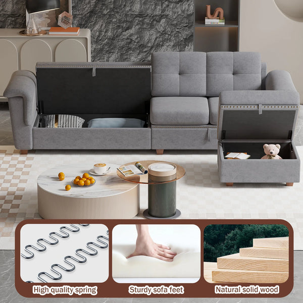 Convertible Sectional Sofa with Storage, 4 Seat L Shaped Couch with Chaise and Cup Holder, Modern Microfiber Fabric Sofas Couches for Living Room, Lightgrey
