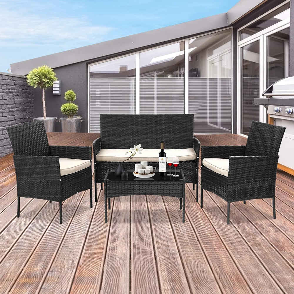 Patio Furniture 4 Pieces Outdoor Rattan Chair Conversation Sets Garden Wicker Sofa Balcony Bistro Sets with Loveseat for Yard Porch Poolside Backyard, Black