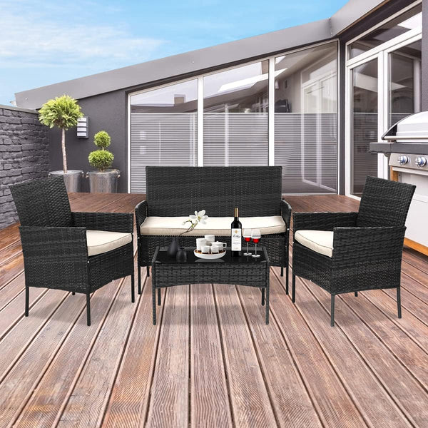 Patio Furniture 4 Pieces Outdoor Rattan Chair Conversation Sets Garden Wicker Sofa Balcony Bistro Sets with Loveseat for Yard Porch Poolside Backyard, Black