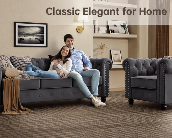 2 Piece Classic Chesterfield 3-Seater Set, Tufted Chair & Loveseat Furniture Solid Wood Legs Thick Cushion, Pet-Friendly Couch Set for Living Room Bedroom Apartment, Velvet Grey