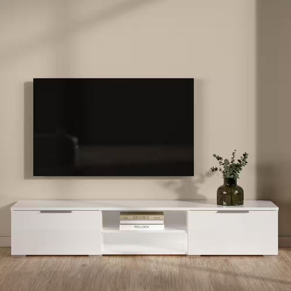 Match 68 In. White High Gloss Engineered Wood TV Stand Fits Tvs up to 45 In. with Adjustable Shelves