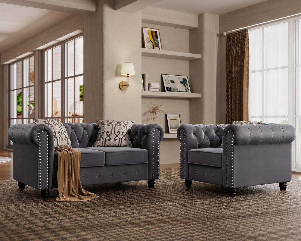 2 Piece Classic Chesterfield 3-Seater Set, Tufted Chair & Loveseat Furniture Solid Wood Legs Thick Cushion, Pet-Friendly Couch Set for Living Room Bedroom Apartment, Velvet Grey