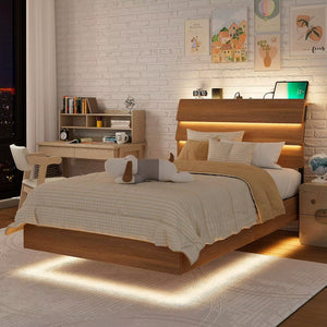 Feonase Floating Bed Frame King with Led Lights and Charging Station, Wood Full Size Bed Frame with Storage Headboard, Heavy Dut