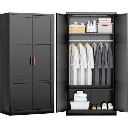 Metal Storage Cabinet with Hanging Rail, Black Armoire Wardrobe Closet with 2 Doors,72" H Storage Closet Cabinets