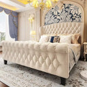 Hisoft Queen Bed Frame, 42" Tall Velvet Upholstered Sleigh Bed with Wingback Headboard & Scrolled Footboard, No Box Spring Neede