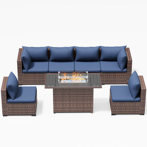 Patio Furniture Set, Outdoor Patio Furniturewicker Sectional Furniture Set, 7 Pieces Outdoor Sectional Sofa with Fire Pit Table, Outdoor Patio Furniture Set for Outdoor Furniture (Navy Blue)
