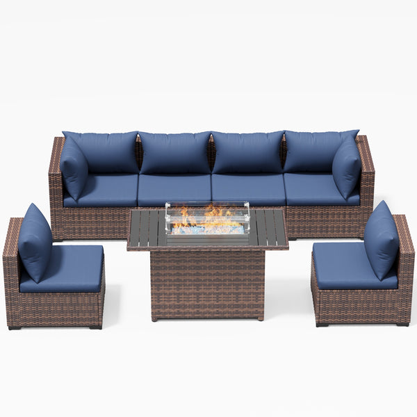 Patio Furniture Set, Outdoor Patio Furniturewicker Sectional Furniture Set, 7 Pieces Outdoor Sectional Sofa with Fire Pit Table, Outdoor Patio Furniture Set for Outdoor Furniture (Navy Blue)