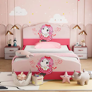 HONEY JOY Twin Bed Frames for Kids, Toddler Wooden Twin Bed Platform with Headboard & Slat Base, No Box Spring Needed, Children