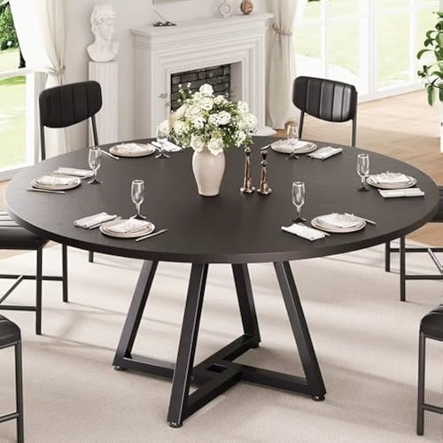 51“ round Kitchen Dining Room Table for 6-8, Circle Dining Dinner Table with Pedestal Metal Frame, Space Saving Wood Furniture