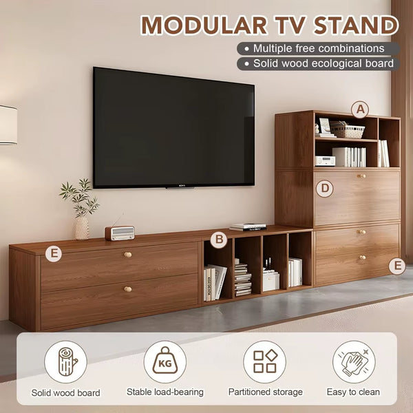 Modular TV Stand, Wood Entertainment Center with Storage, Customizable TV Console- Open Shelf, Cabinet, Drawers,