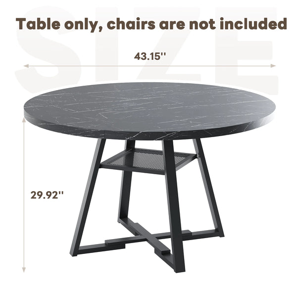 round Dining Table, 43'' Faux Marble Dining Table with Storage Shelf, Circle Dining Table for Dining Room, Modern Kitchen Table for 4 People, Black(Only Table)
