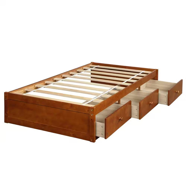 Oak Twin Size Platform Storage Bed with 3 Drawers Storage