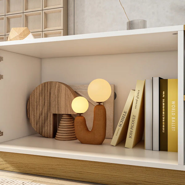 Arelene 94'' W Low-Profile TV Stand with Geometric Doors and Open Shelves, White and Oak Finish