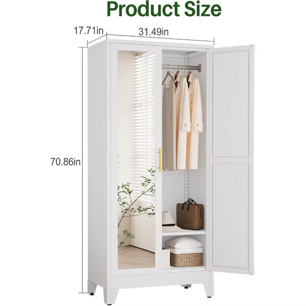 Metal Armoire Wardrobe W/2 Mirror Door, with Adjustable Shelves and Hanging Rod 71"' Wardrobe Cabinet, Wardrobes