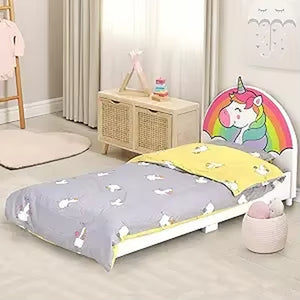 HONEY JOY Twin Bed Frames for Kids, Toddler Wooden Twin Bed Platform with Headboard & Slat Base, No Box Spring Needed, Children