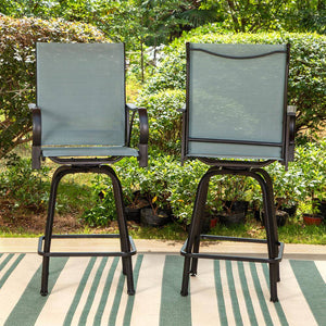 5-Piece Metal Outdoor Patio Bar Height Dining Set with Sling Swivel Chairs and Rectangle Brown Slat Tabletop