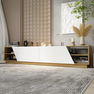 Arelene 94'' W Low-Profile TV Stand with Geometric Doors and Open Shelves, White and Oak Finish
