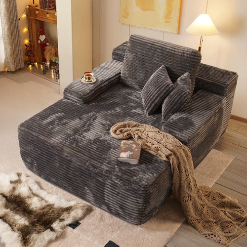 68'' Chaise Lounge Chair Indoor, Oversized Upholstered Sofa Bed with Sleeper Couch Reading Chairs Fluffy Plush Faux Fur Cloud Sofas Couches Living Room, Gray