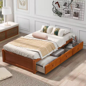Oak Twin Size Platform Storage Bed with 3 Drawers Storage