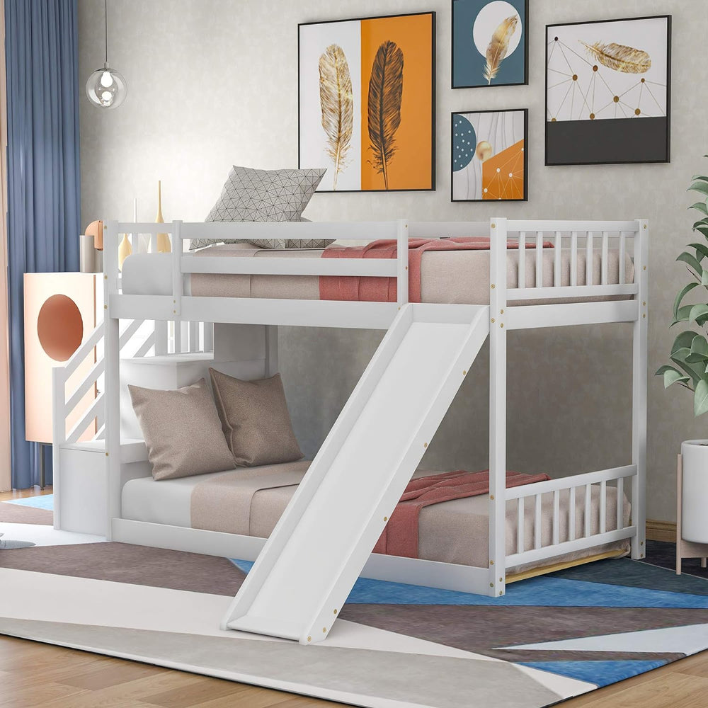 Twin Bunk Bed with Slide, Space Saving Design Bedroom Furniture Wood Twin over Twin Bed Frame with Stairway, Storage and Safety Guard Rail (White)