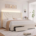 King Size Bed with 2 Storage Drawers, Cushioned LED Bed Frame, Wing Back Headboard, Headboard Splicing Design, Beige Color