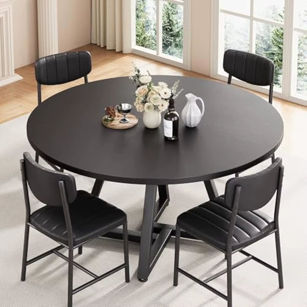 51“ round Kitchen Dining Room Table for 6-8, Circle Dining Dinner Table with Pedestal Metal Frame, Space Saving Wood Furniture