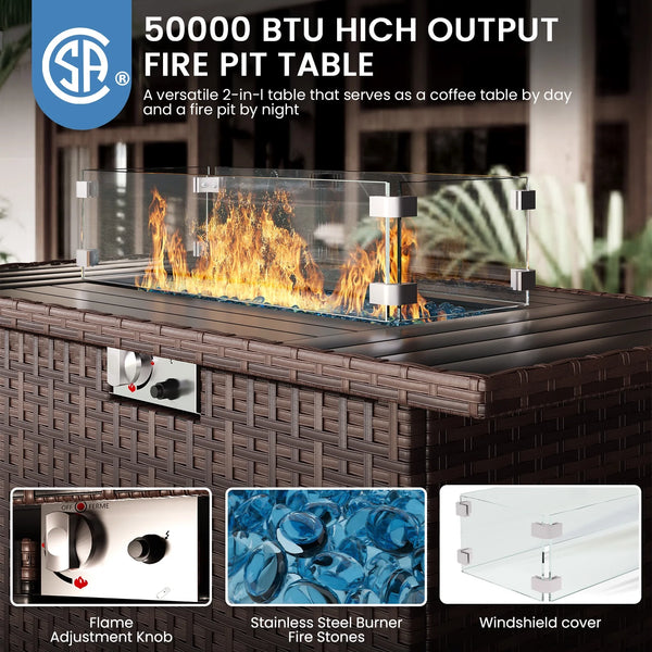 Patio Furniture Set, Outdoor Patio Furniture Wicker Sectional Furniture Couch Set, 9 Pieces Outdoor Sectional Sofa with Fire Pit Table, Outdoor Patio Set for Outdoor Furniture (Burgundy Red)