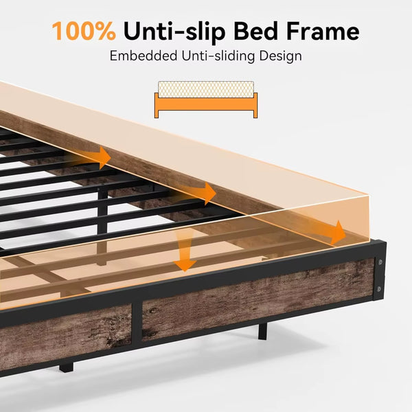 Queen Size Bed Frame with Storage Headboard, Sturdy Metal Platform Bed Frame with LED Lights and Charging Station, Easy Assembly