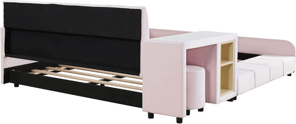 Velvet Upholstered Grounded Bed Platform Bed, Wooden Full Size Mother & Child Bed Frame with Bedside Desk and Little Roun