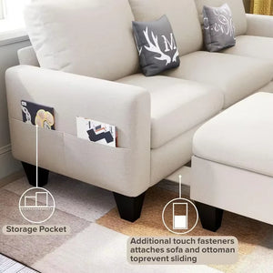 Convertible Sectional Sofa Couch, Modern Linen Fabric Couches for Living, 3 Seat L-Shaped Couch with Storage Ottoman