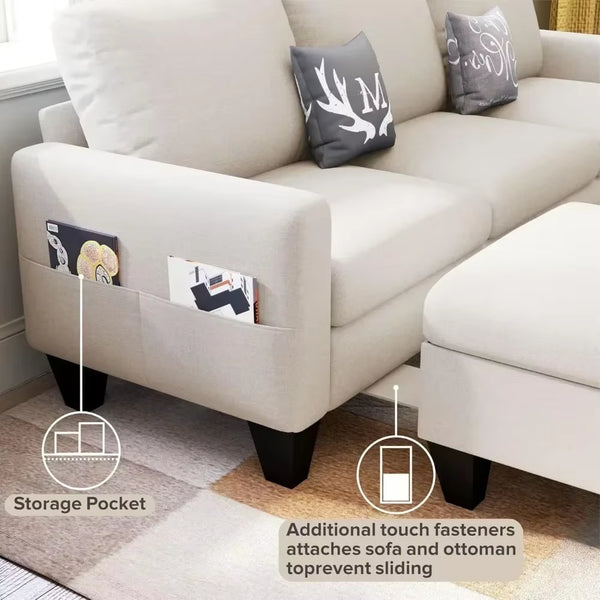 Convertible Sectional Sofa Couch, Modern Linen Fabric Couches for Living, 3 Seat L-Shaped Couch with Storage Ottoman