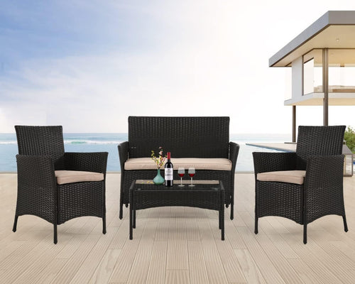 Patio Furniture 4 Pieces Outdoor Rattan Chair Conversation Sets Garden Wicker Sofa Balcony Bistro Sets with Loveseat for Yard Porch Poolside Backyard, Black