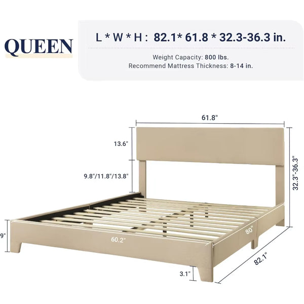 Bed Frame with Adjustable Headboard, Upholstered Platform Bed with Wood Slats, Heavy Duty Mattress Foundation, No Box Spring