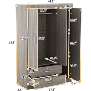 Modern 3-Door Wardrobe with 2 Drawers, Shelves and Hanging Rail, Freestanding Armoire Wardrobe Closet, Clothes Storage Cabinet