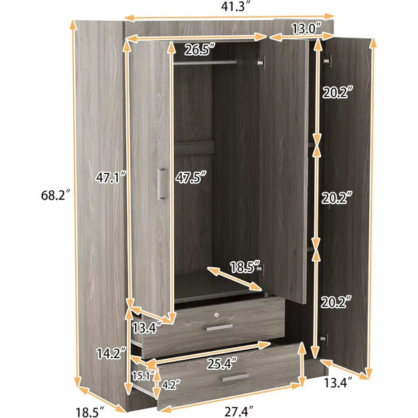 Modern 3-Door Wardrobe with 2 Drawers, Shelves and Hanging Rail, Freestanding Armoire Wardrobe Closet, Clothes Storage Cabinet