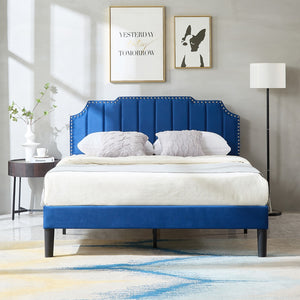 Upholstered Bed Frame Full Queen Platform with Headboard Footboard Wooden Slat